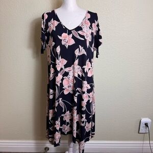 SJS Women's Dress Navy with Pink Flowers Short Cold Shoulder Sleeves Stretch L
